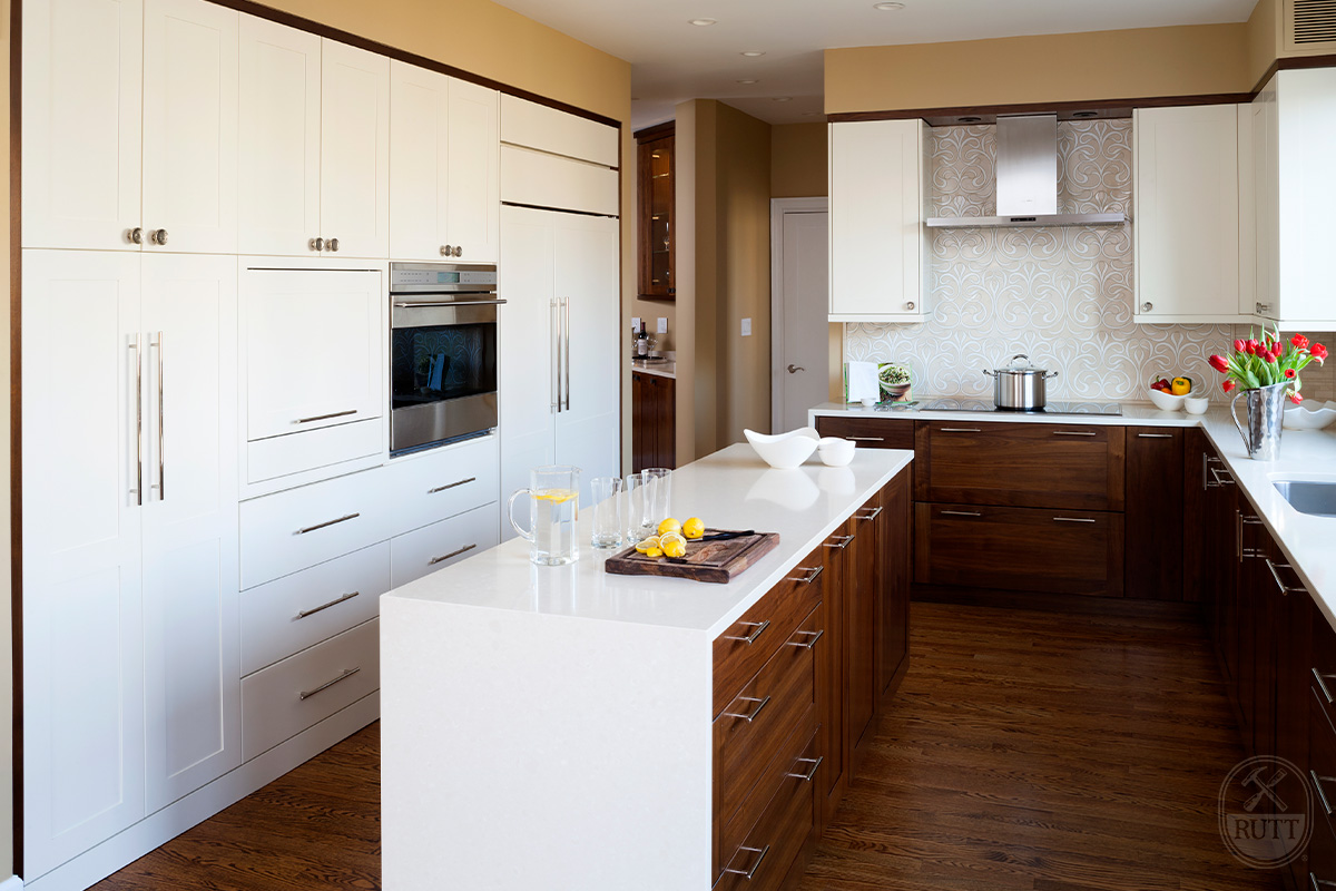 Transitional White & Walnut Kitchen | Rutt Quality Cabinetry